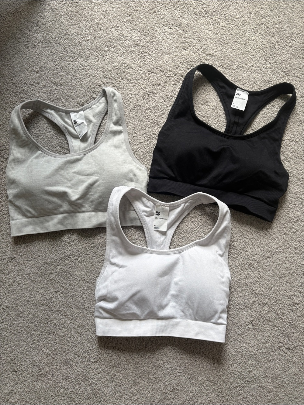 3-Pack Racerback Sports Bras - White, Black, Light Gray